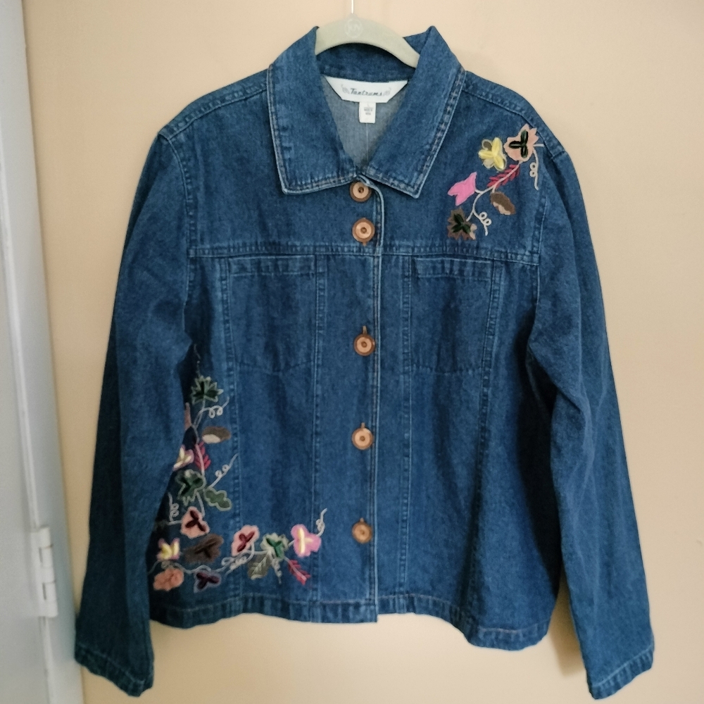 Tantrums Medium Wash Embroidered Buttons Denim Blue Jean Jacket L Boho Artsy